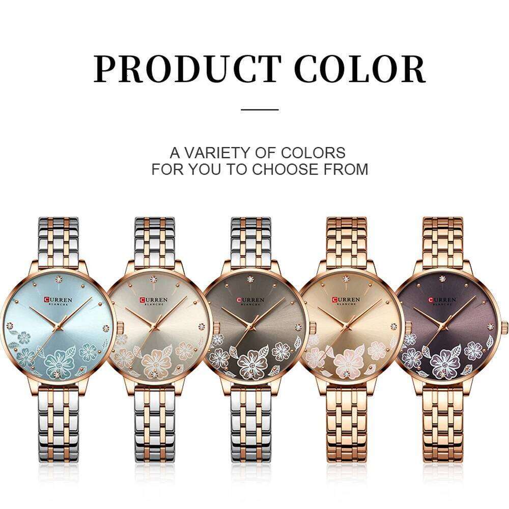 CURREN Fashion Quartz Wristwatches for Women Simple Stainless Steel Watch Bracelet with Flower Design Dial XJ260303