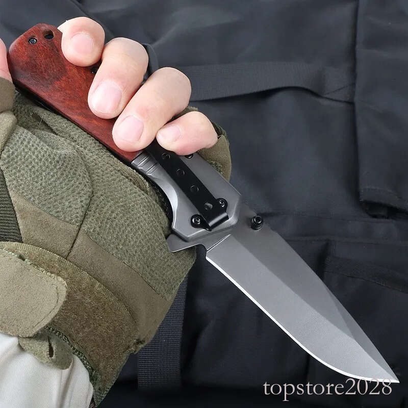 High Quality A228 Flipper Folding Knife 3Cr13Mov Titanium Coating Drop Point Blade Wood with Steel Handle Outdoor EDC Pocket Knives