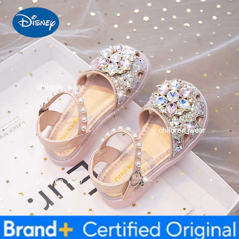 Disney KidsCasual Shoes Sandals PU Leather Summer Shoes For Childrens Crystal Sequin Flat Breathable Anti-slip Pink Blue Size 23-34 H260303