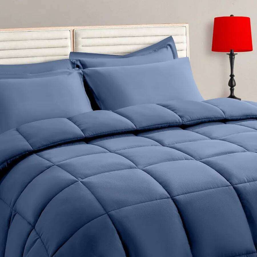 Slate Blue Full Size Comforter Set - 7 Pieces Bed in a Bag Bedding with All Season Soft Quilted Warm Fluffy Reversible Includes W260302