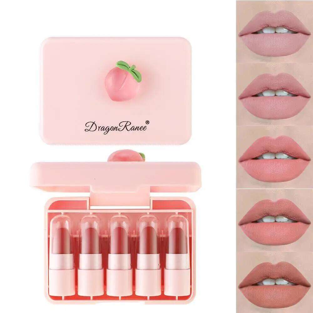 5Pcs Peach Tint Set Cute Matte Lipsticks Waterproof Long-lasting Non Stick Cup Mini Lip Gloss Lipstick Makeup Gift H260302