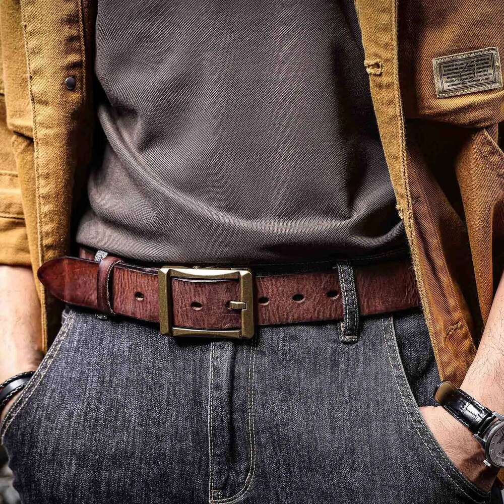Vintage Genuine Leather Men's Solid Brass Buckle, Casual Pin Buckle Belt With Gift Box, Thickened Italian Cowhide S260228