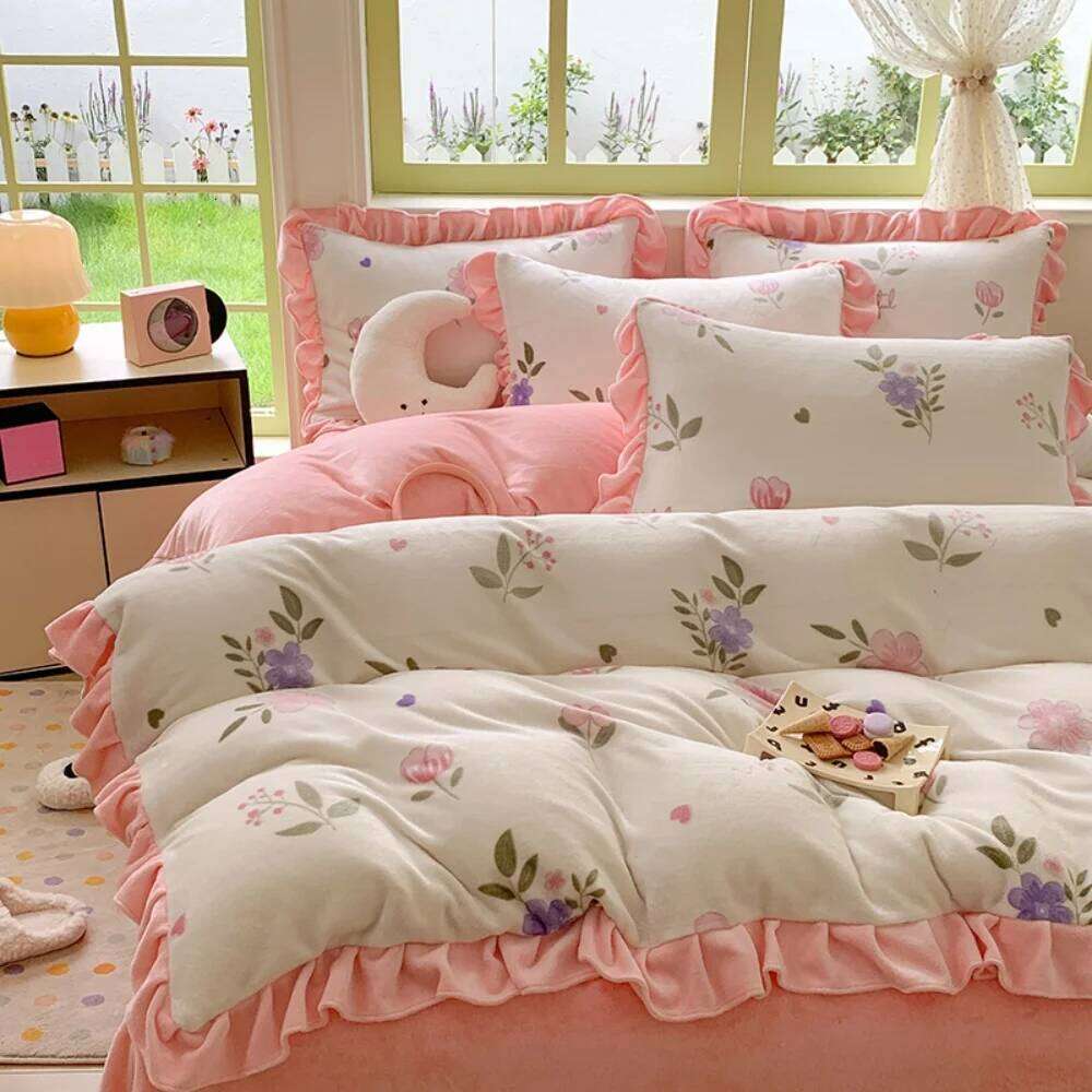 Winter Warm Milk Velvet Four-Piece Soft Quilt Cover Pillowcase Bed Sheet Comfortable Coral Fleece Bedding Set Home Textiles W260302