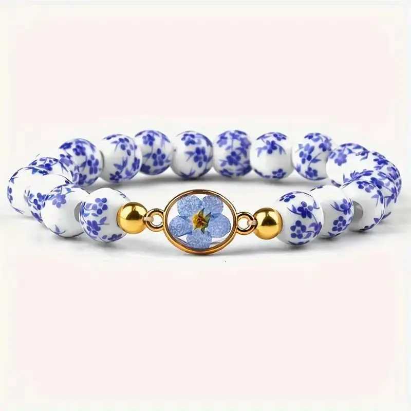 Vintage Blue and White Porcelain Bracelet for Women Ceramic Metal Beads Bowknot Strand Bangle Party Daily Jewelry Accessories H260303