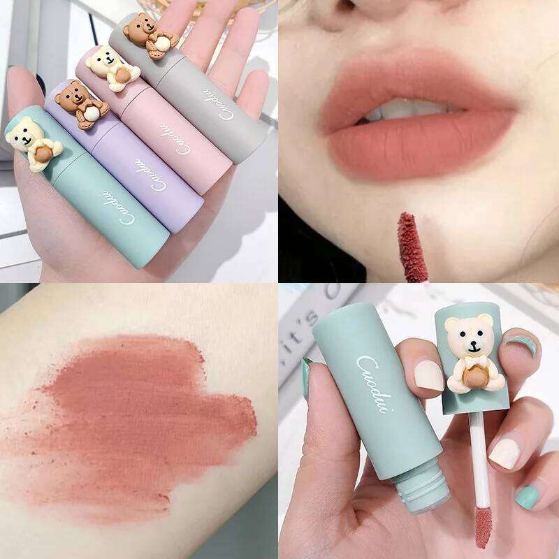 Dark Cherry Velvet Matte Lipstick Blush Waterproof Long Lasting Cute Bear Gloss Non-Stick Cup Lip Tint Mud Makeup H260302