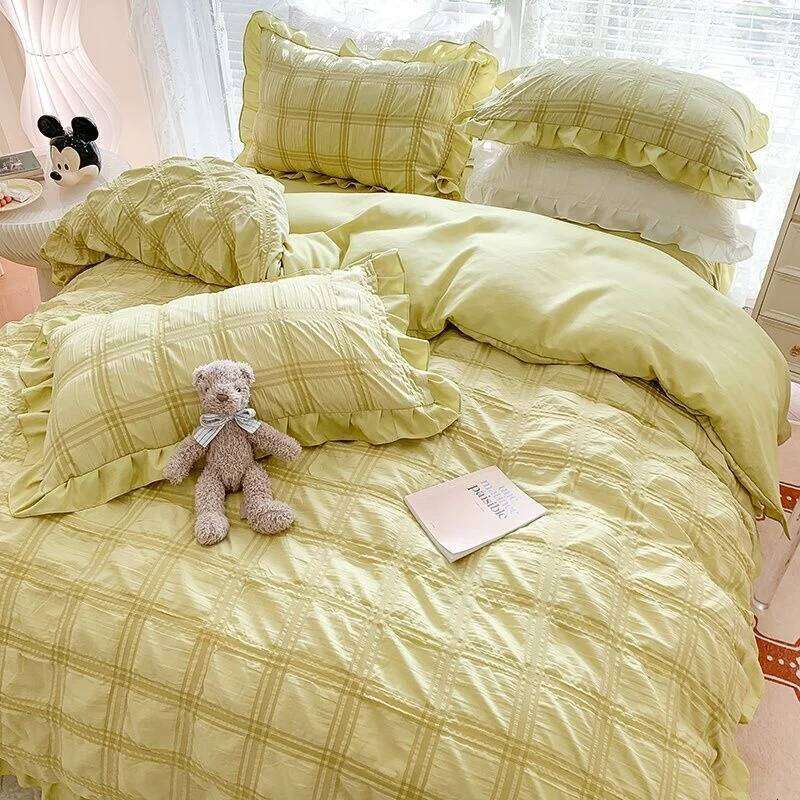 Seersucker Princess Set Solid Color Quilt Cover Kawaii Ruffle Lace Bed Skirt For Girls Woman Bedspread Decor Home W260302