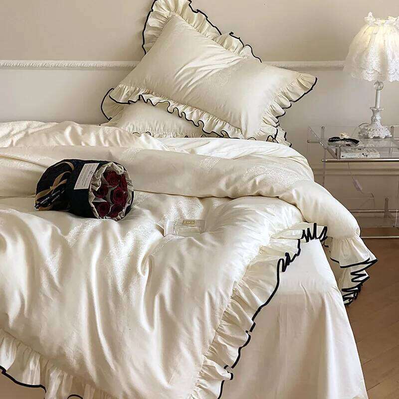 Luxury 1000TC Egyptian Cotton French Princess Wedding Bedding Set Ruffles Black Edge Jacquard Duvet Cover Bed Sheet Pillowcases W260302