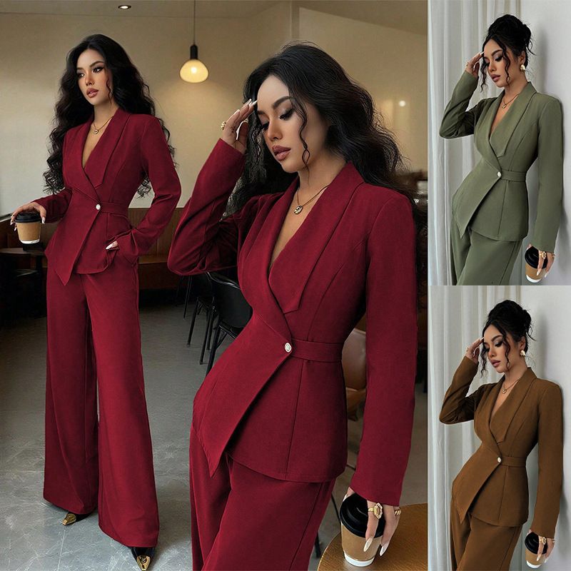 Autumn Europen Nd Americn Women's Suit Designer Pnts Elegnt Fshion Long Sleeve Blzer Stright-leg Pnts Two-piece Set