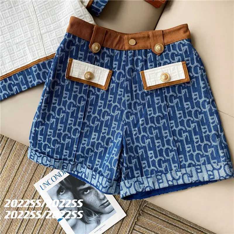 Blue Jacquard 2-Piece Set for Women Retro Monogram Jacket & Shorts with Brown TrimT260303 - view 5