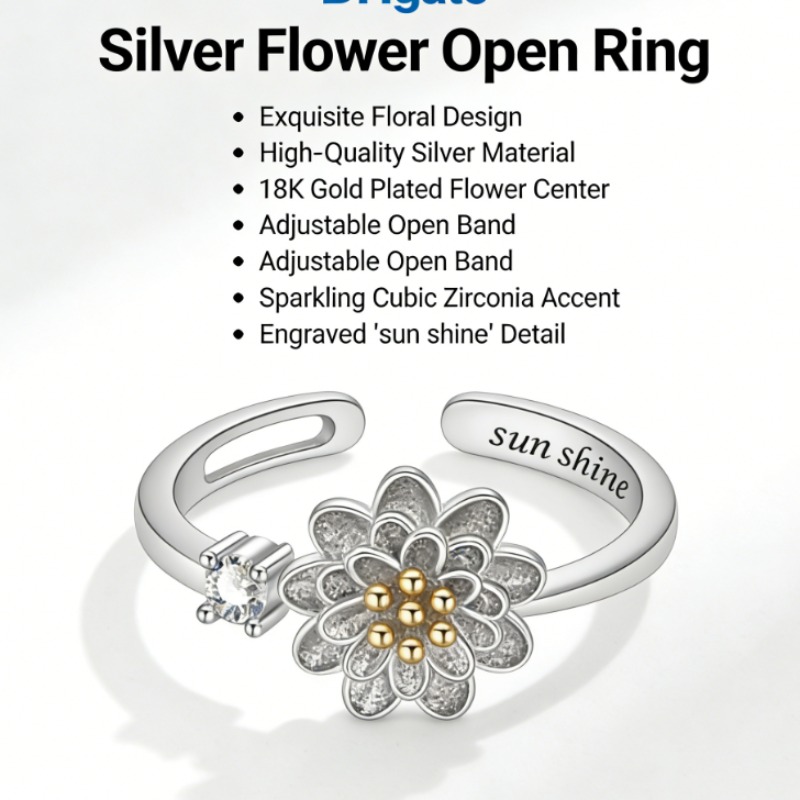Designer Adjustable Open Ring for Women, Cute Spinning Daisy Fidget Ring, Shiny Zircon Inlaid, INS Style Minimalist Elegant Fashion Jewelry Gift