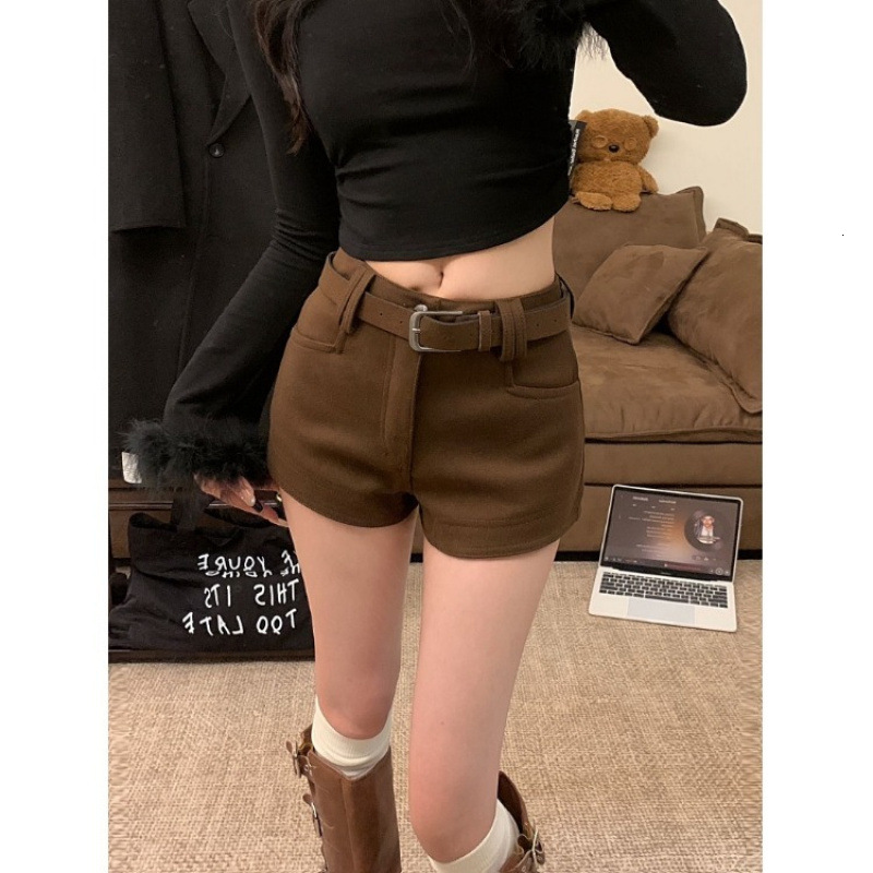 Americn Style Spicy Girl Coffee Color Woolen Shorts Women Autumn Winter Designer Pnts New Low Wist Stright Wide Leg Pnts Smll Size Csul Pnts