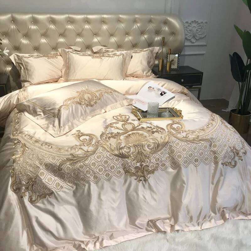 Royal Golden Embroidery European Palace Luxury Bedding Set Champagne Brocade Egyptian Cotton Duvet Cover Bed Sheet Pillowcases W260302