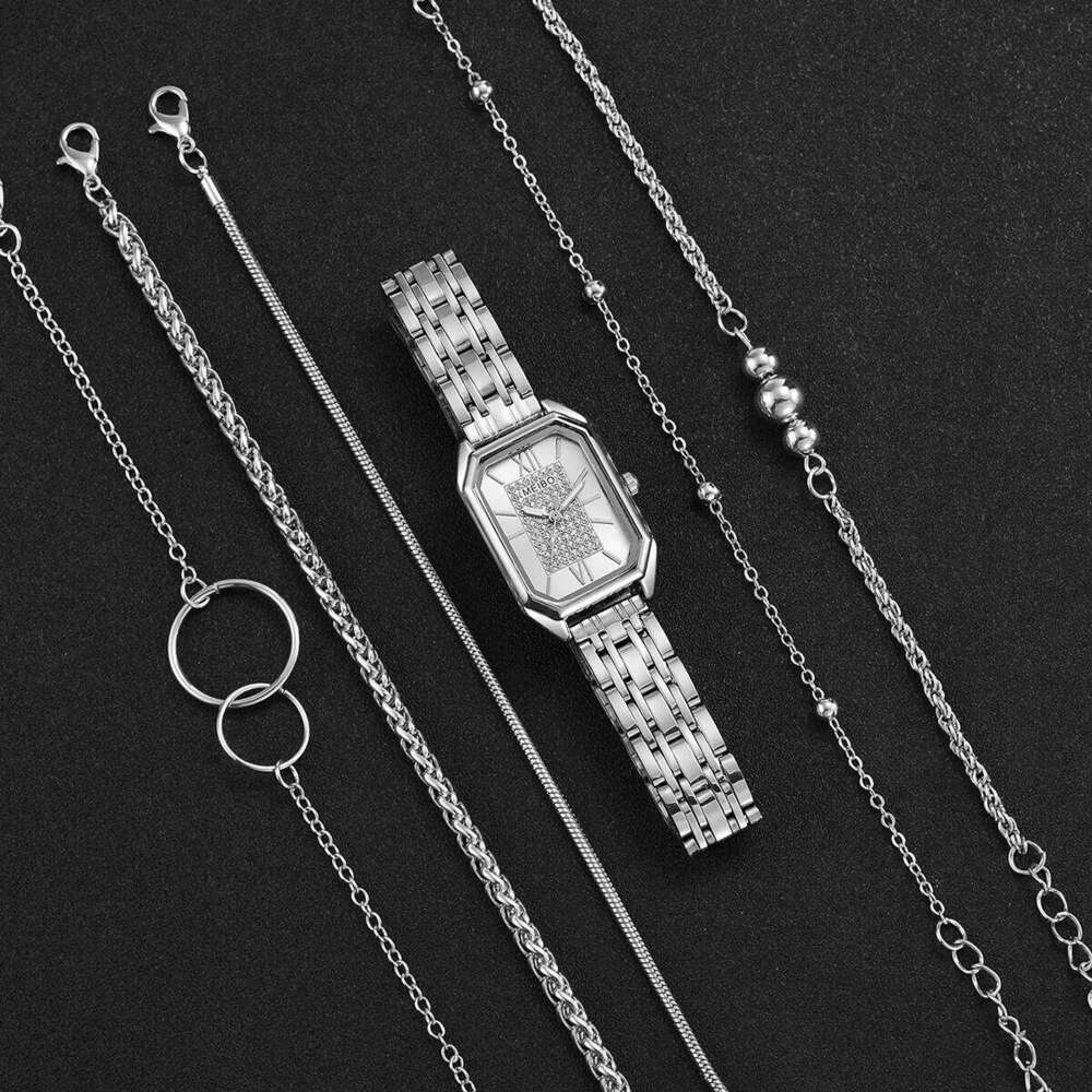 6PCS/Set Women's Watch Fashion Rectangle Dial Quartz Watches Silver Steel Band Ladies Wristwatches Bracelets Set XJ260303