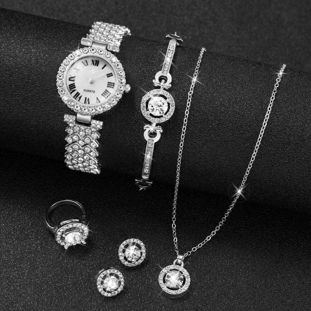 6PCS/Set Luxury Rhinestone Women's Silver Band Ladies Roma Dial Quartz Watch Jewelry SetWithout Box XJ260303