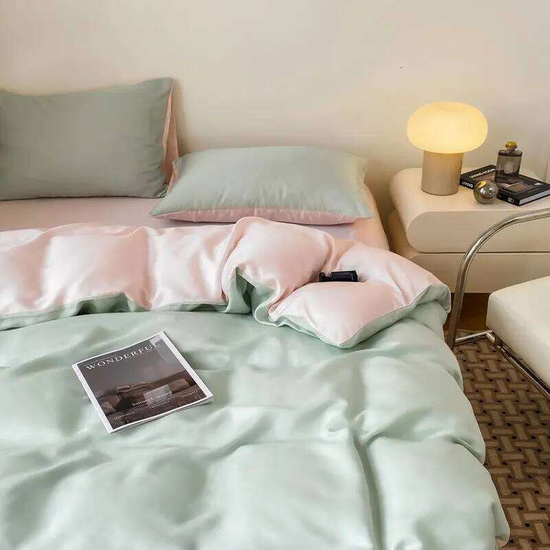 Bedding Luxury Ice Four Piece Set, Washed Silk Bed Sheet and Quilt Cover Set Summer Cool Feeling Soft Smooth W260302