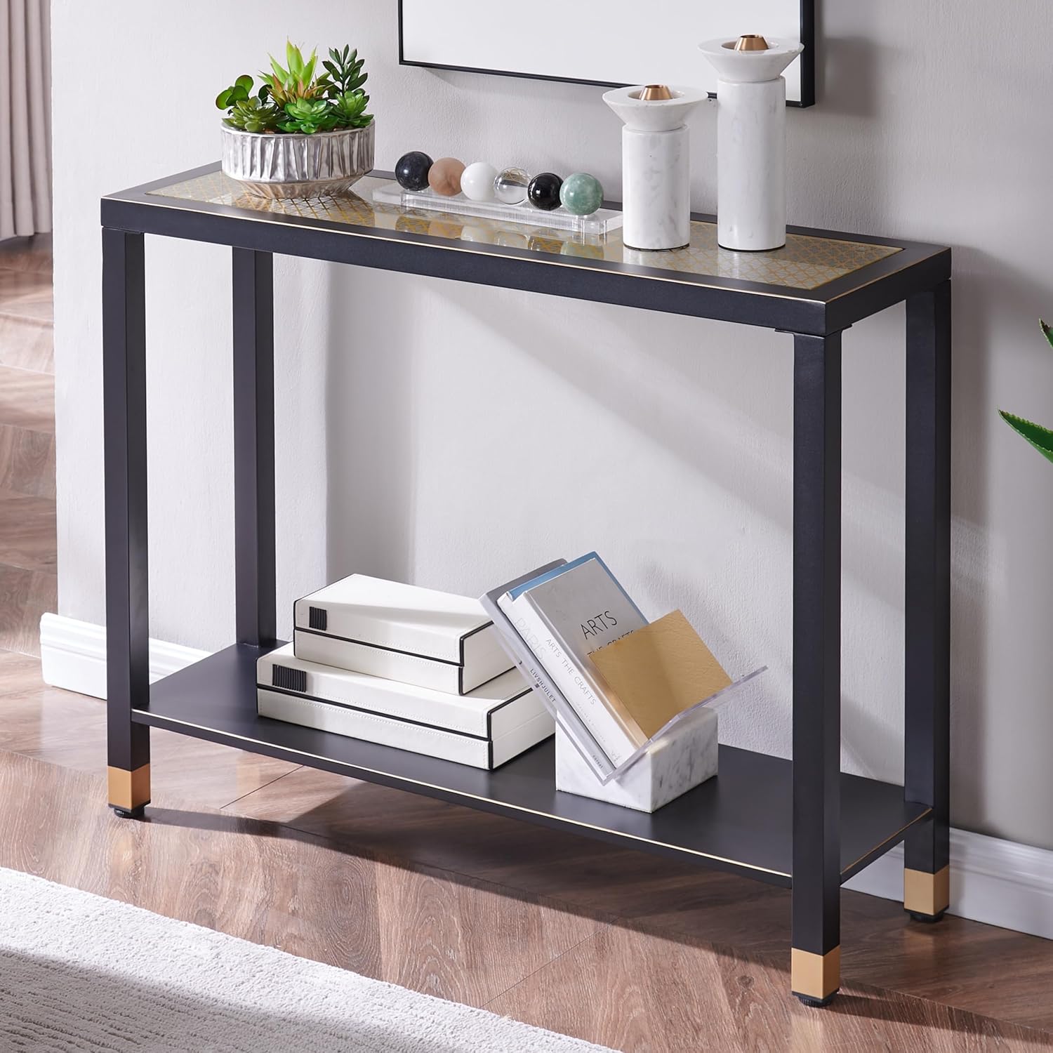 Glass Entryway Table 2-Tier Entry Way Console Entrance Table 41"L Narrow Sofa Table with Shelves Ideal for Hallway Entryway Living Room Foyer Cor
