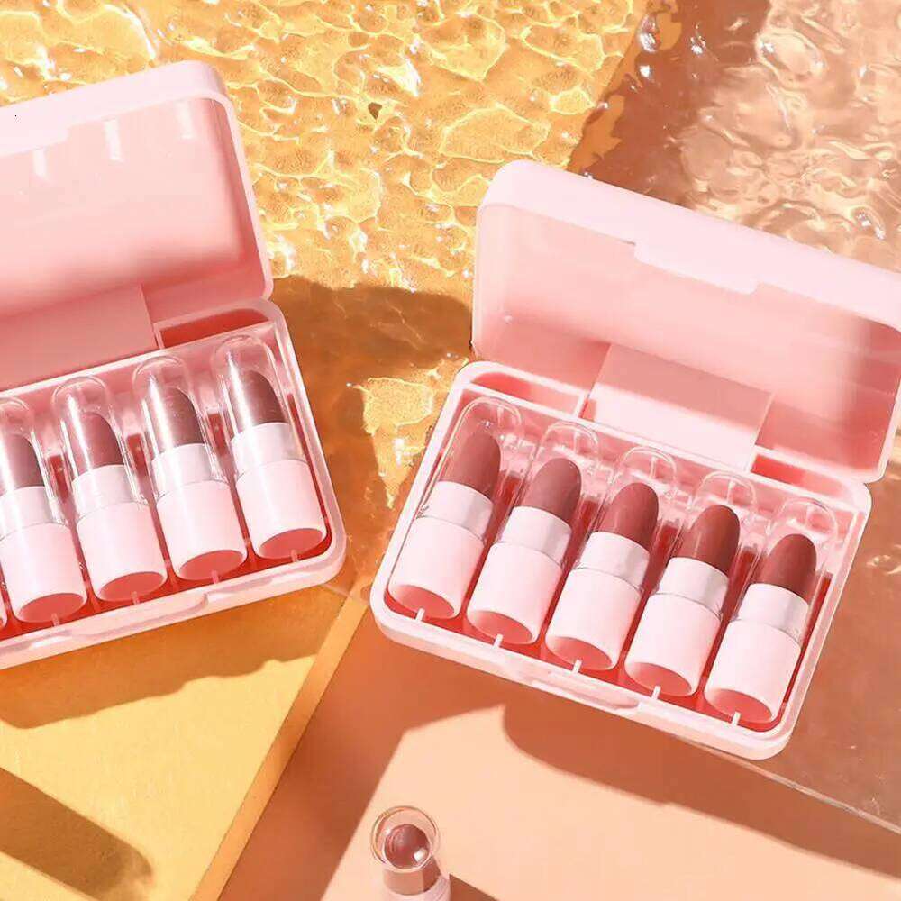 5Pcs Peach Tint Set Cute Matte Lipsticks Waterproof Long-lasting Non Stick Cup Mini Lip Gloss Lipstick Makeup Gift H260302