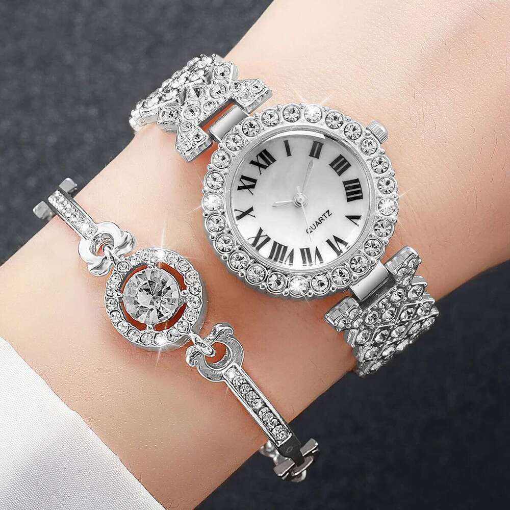 6PCS/Set Luxury Rhinestone Women's Silver Band Ladies Roma Dial Quartz Watch Jewelry SetWithout Box XJ260303