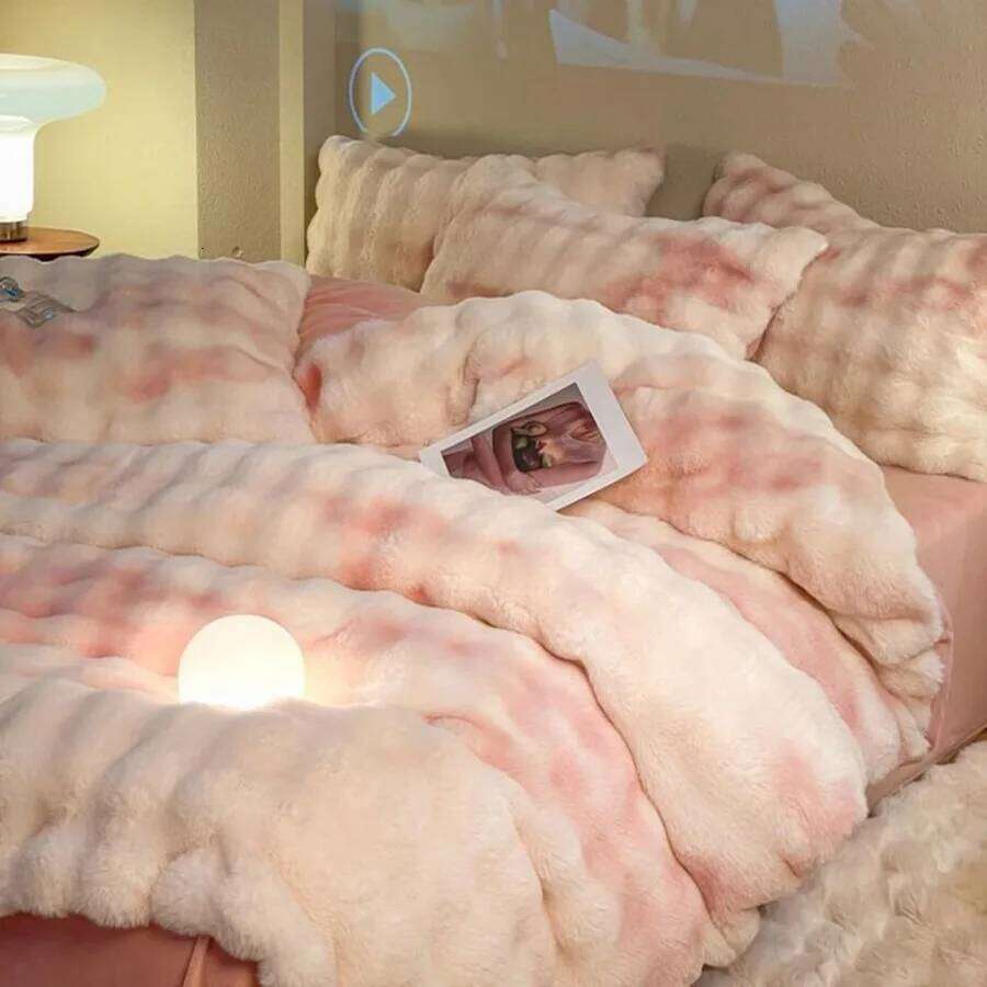Queen Size Pink Fluffy Plush Shaggy Winter Reversible Duvet Cover Set with Bed Sheet and Pillow Cases Super Soft Thick Comforte W260302