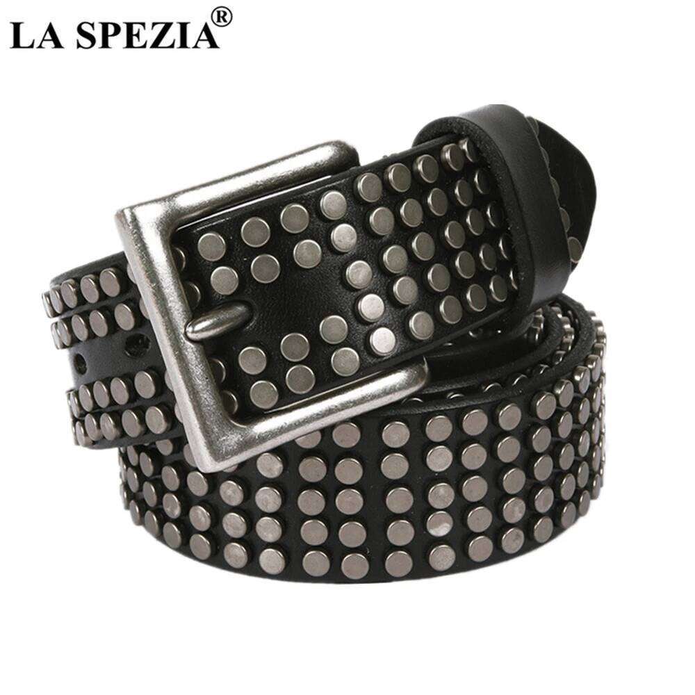 LA SPEZIA Rock Belts Men Women Punk Rivet Genuine Cowskin Leather Buckle Black Cofee White Steampunk Accessories S260228