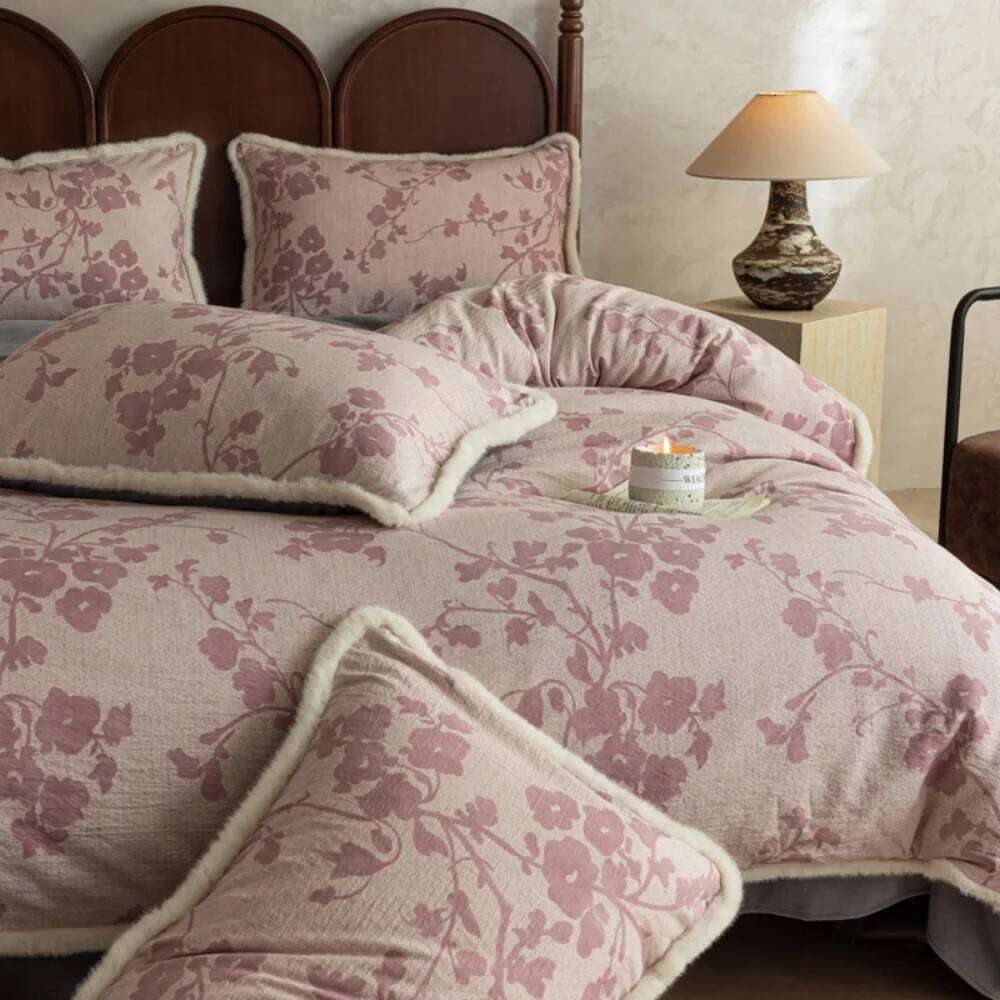 Retro Cotton Linen Thickened Milk Velvet Four-Piece Winter Warm Bedding Set Floral Printed Quilt Cover Pillowcase Bed Sheet W260302
