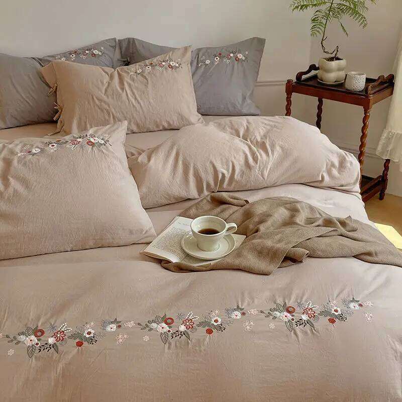 New Chinese embroidery washed cotton soft quilt cover bed sheet four-piece set W260302
