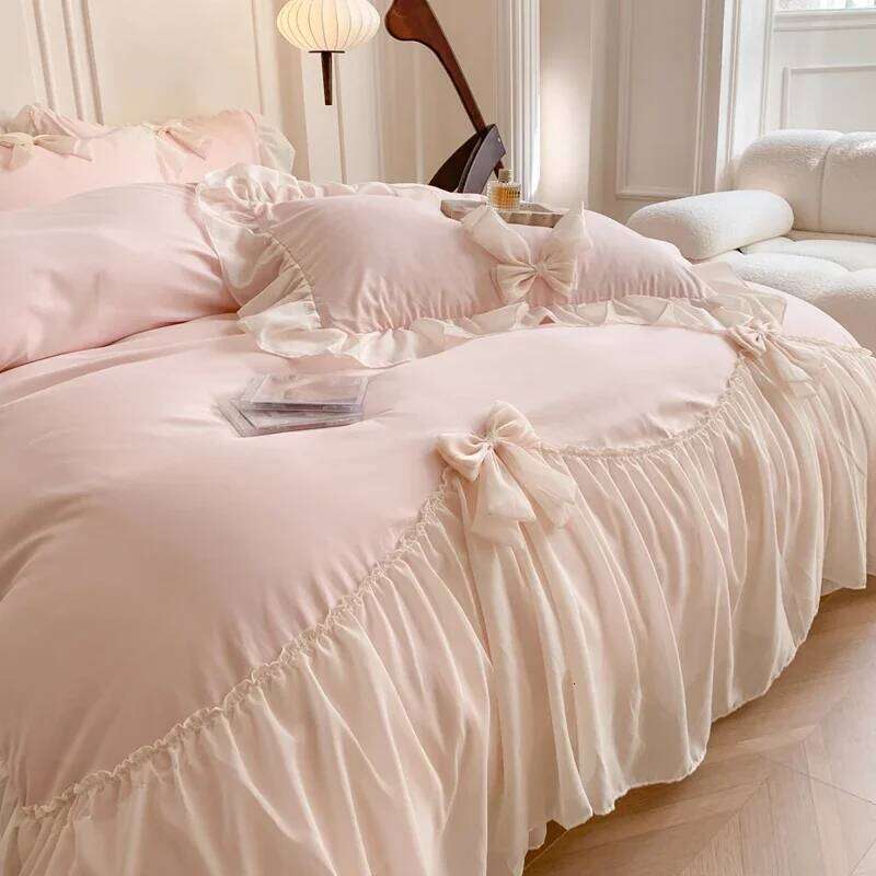 Chiffon Lace Bedding Set Pink France Romantic Princess Wedding Ruffles Bow Soft Duvet Cover Bed Sheet Pillowcases Home Textile W260302
