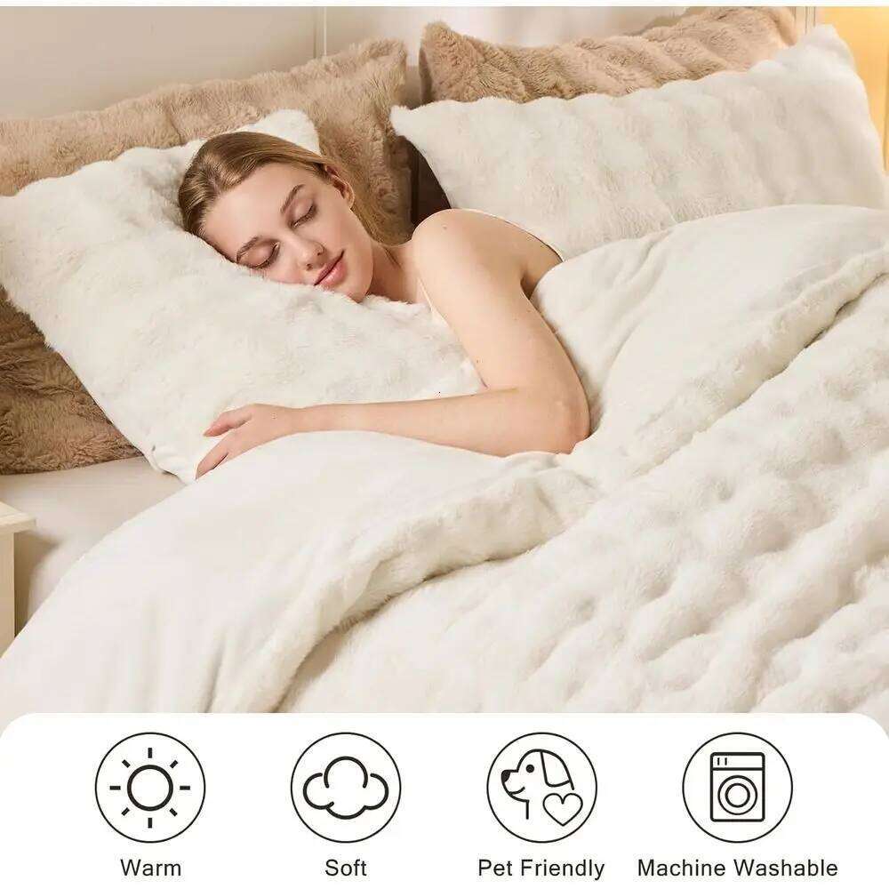 King Size Faux Fur Duvet Set - 3-Piece Fluffy Comforter Cover with Pillow Cases, Luxurious Shaggy Bubble Design for Cozy Winter W260302