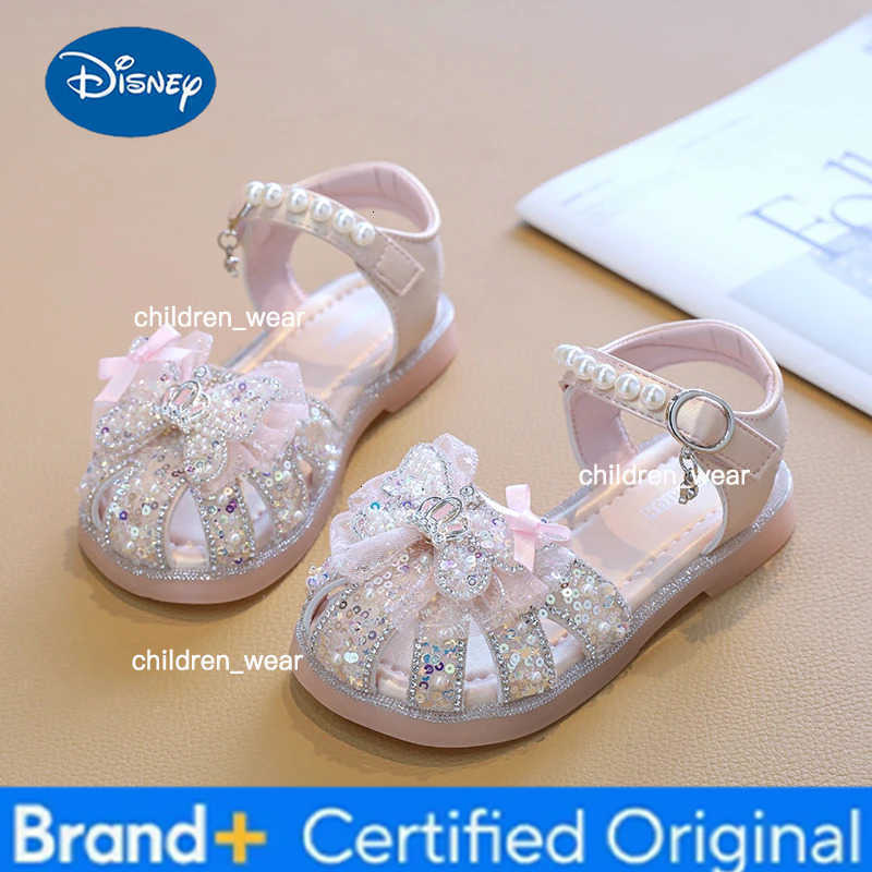 Disney New Girls Summer Bowknot Sandals Sweet Crown Kids Causal Princess Dress Shoes Elegant Wedding Party Children Pearl Flat Sandals H260303