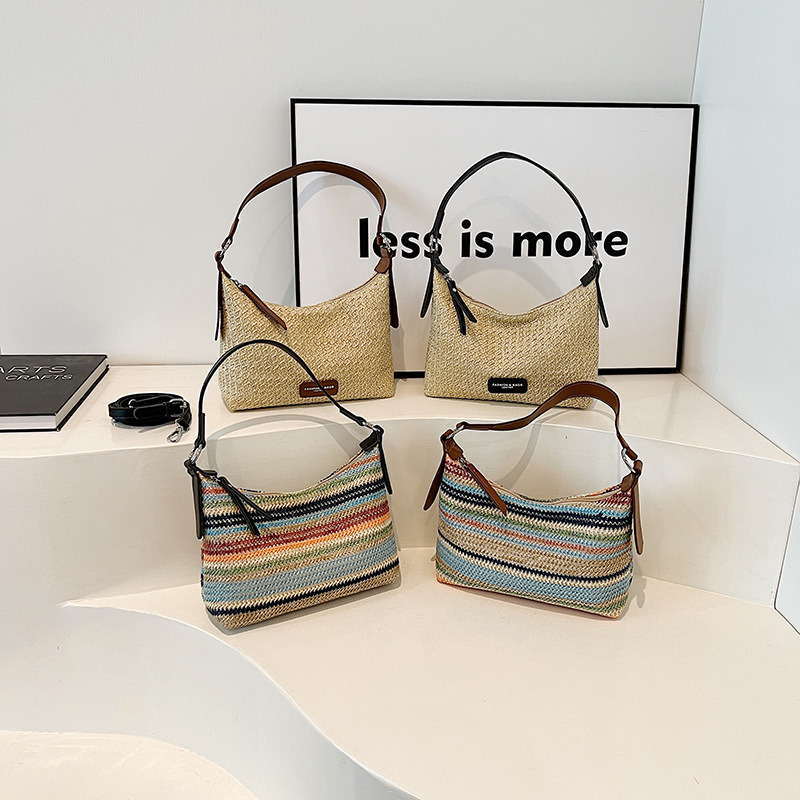 Summer New Straw Braided One Shoulder Underarm Bag Women's Rainbow Stripe Single Shoulder Bag Bohemian Style Hand Carry Bags