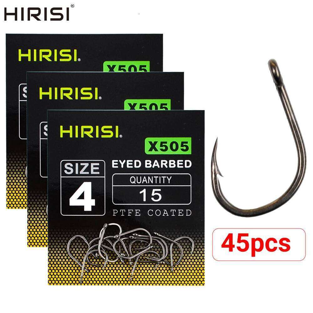Hirisi 45 x PTFE Coated High Carbon Stainless Steel Barbed Fish With Eye Carp Fishing Hook Link Accessories X505 Z260228