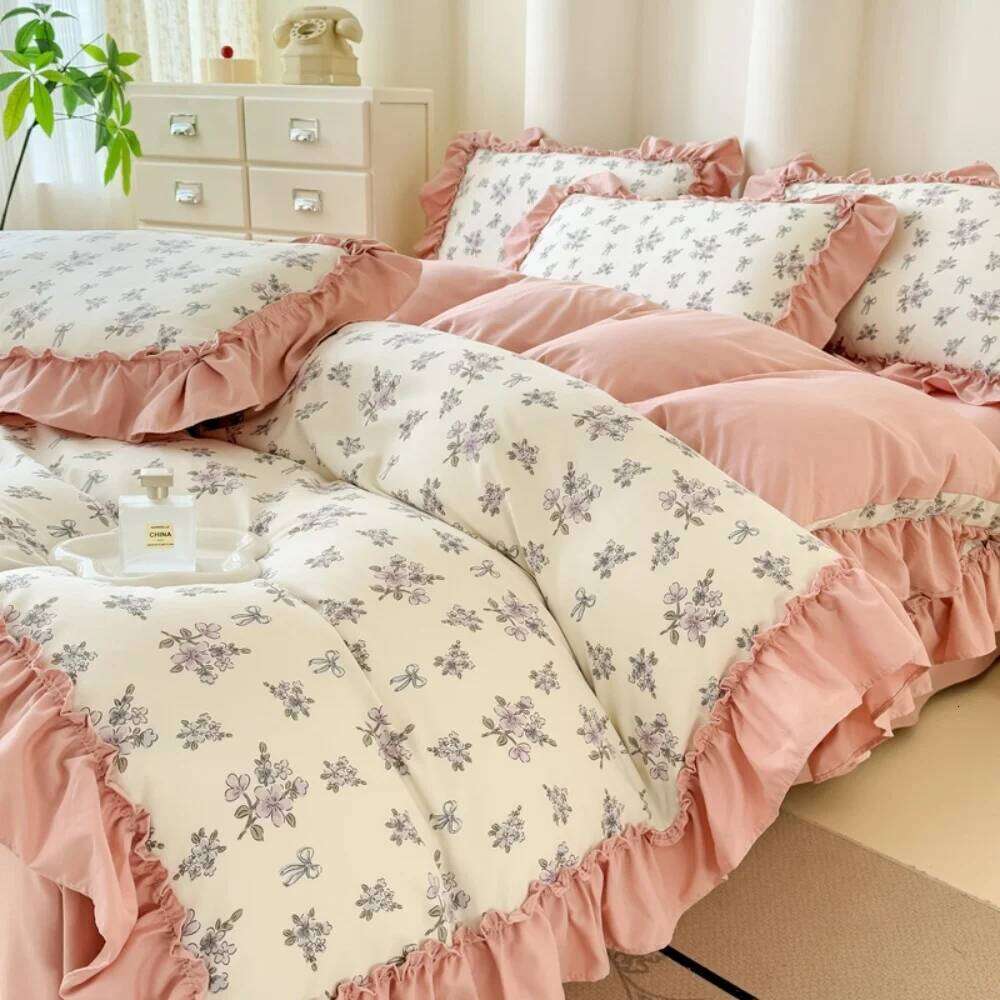 Korean Style knitted Double-Layer Yarn Four Piece Floral Lace Ruffles Bedding Set Soft Quilt Cover Bed Sheet Pillowcase 4Pcs W260302