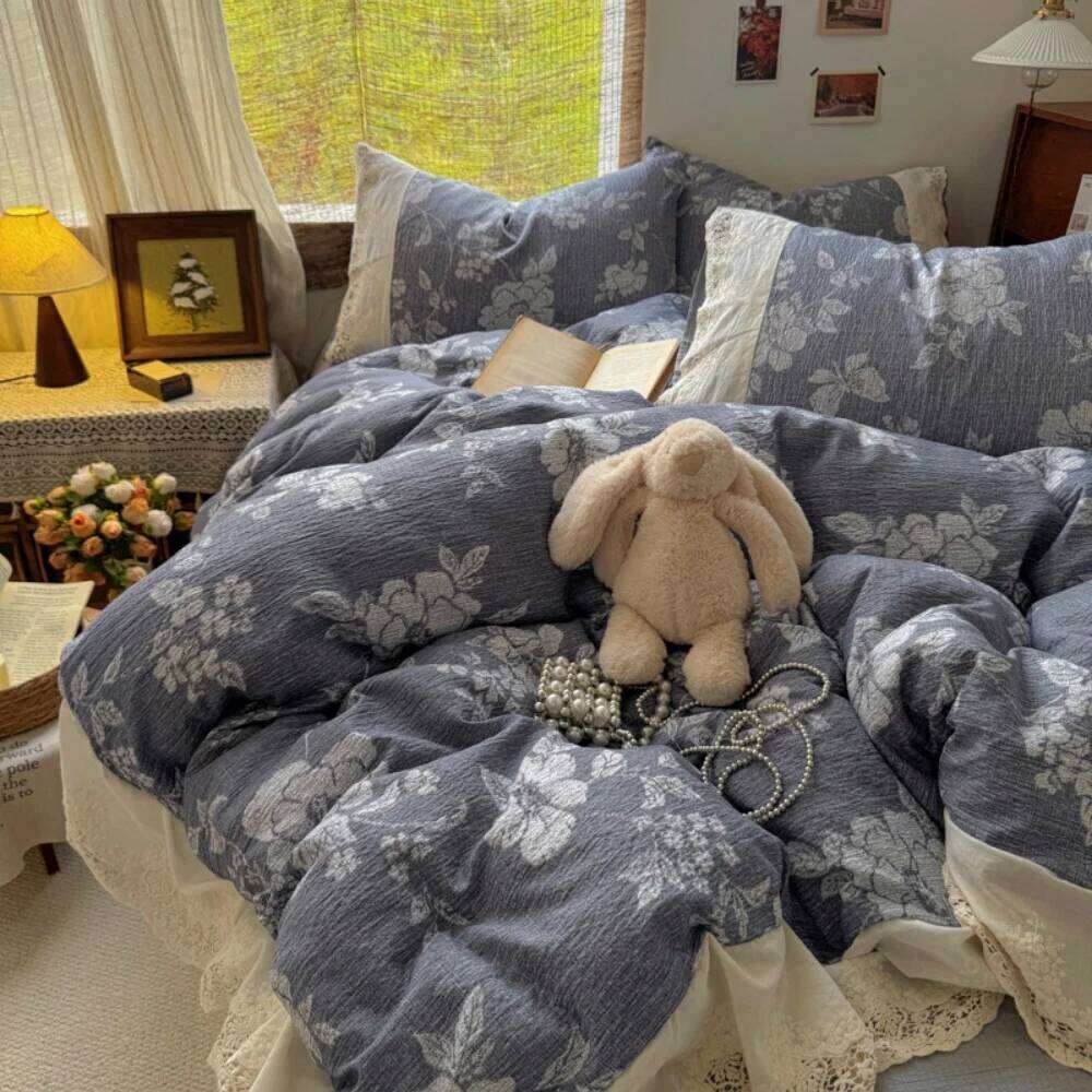 French Retro Printed Ruffled Four-Piece Comfortable Bedroom Decor Bedding Set Duvet Cover Bed Sheet Pillowcase Home Textiles W260302