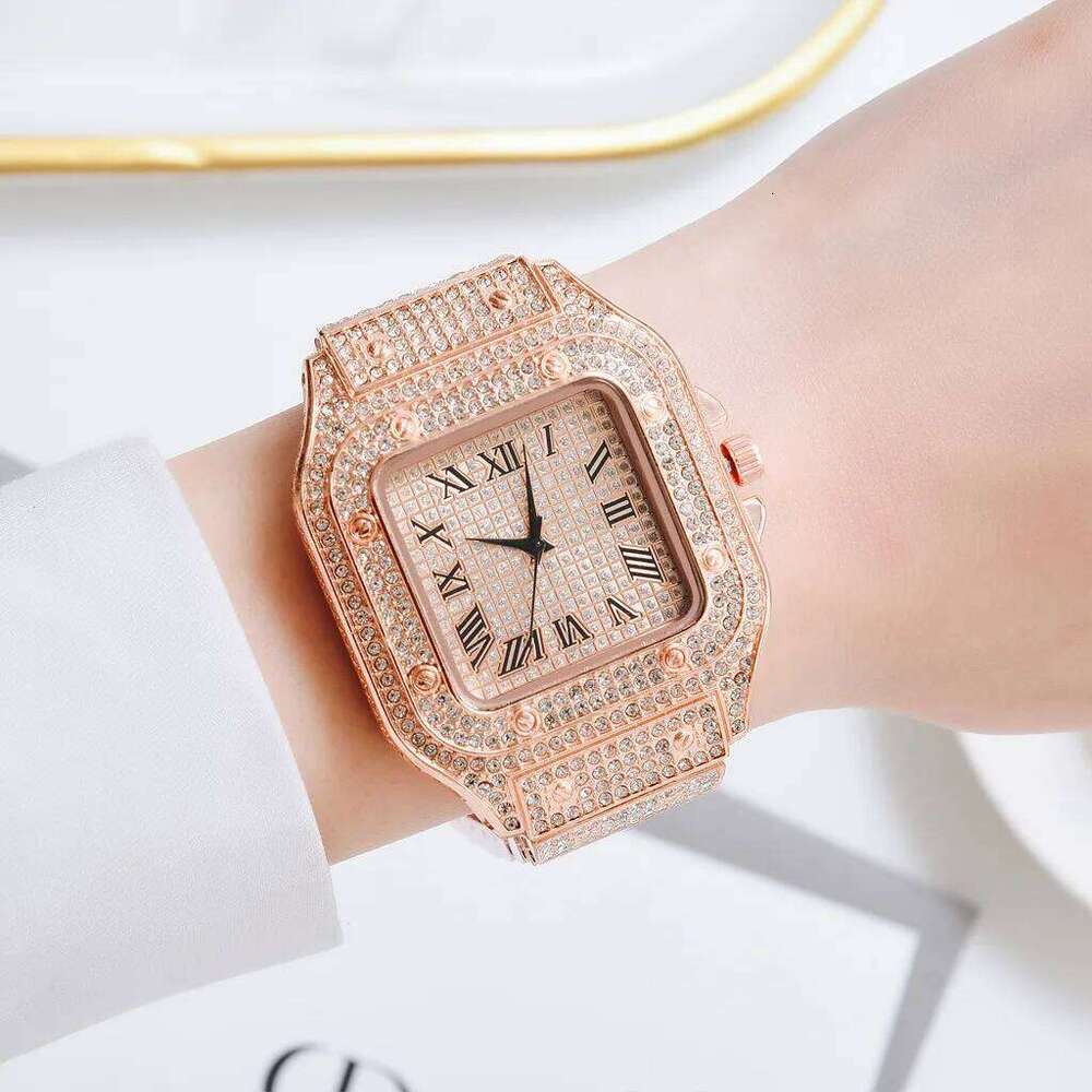 Fashion Full Diamond Square Quartz Watch for Men Women Luxurious Stainless Steel Strap Rhinestone Studded Dial XJ260303