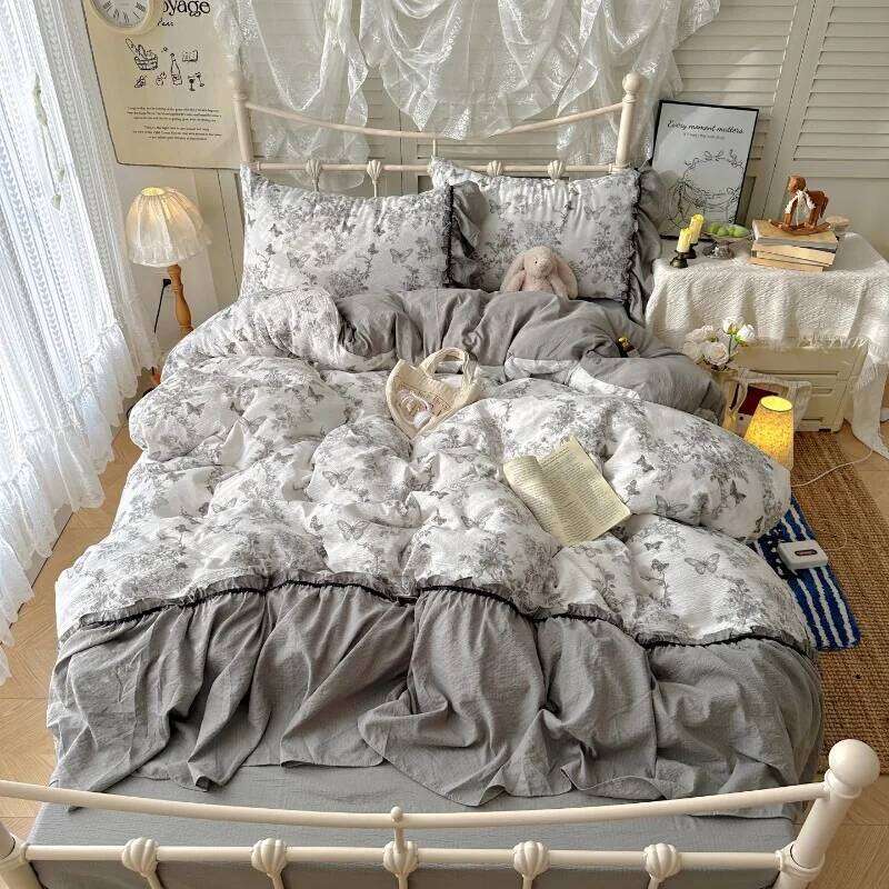 2025 new Korean French lazy puff flower edge quilt cover four-piece princess style dormitory three-piece set W260302