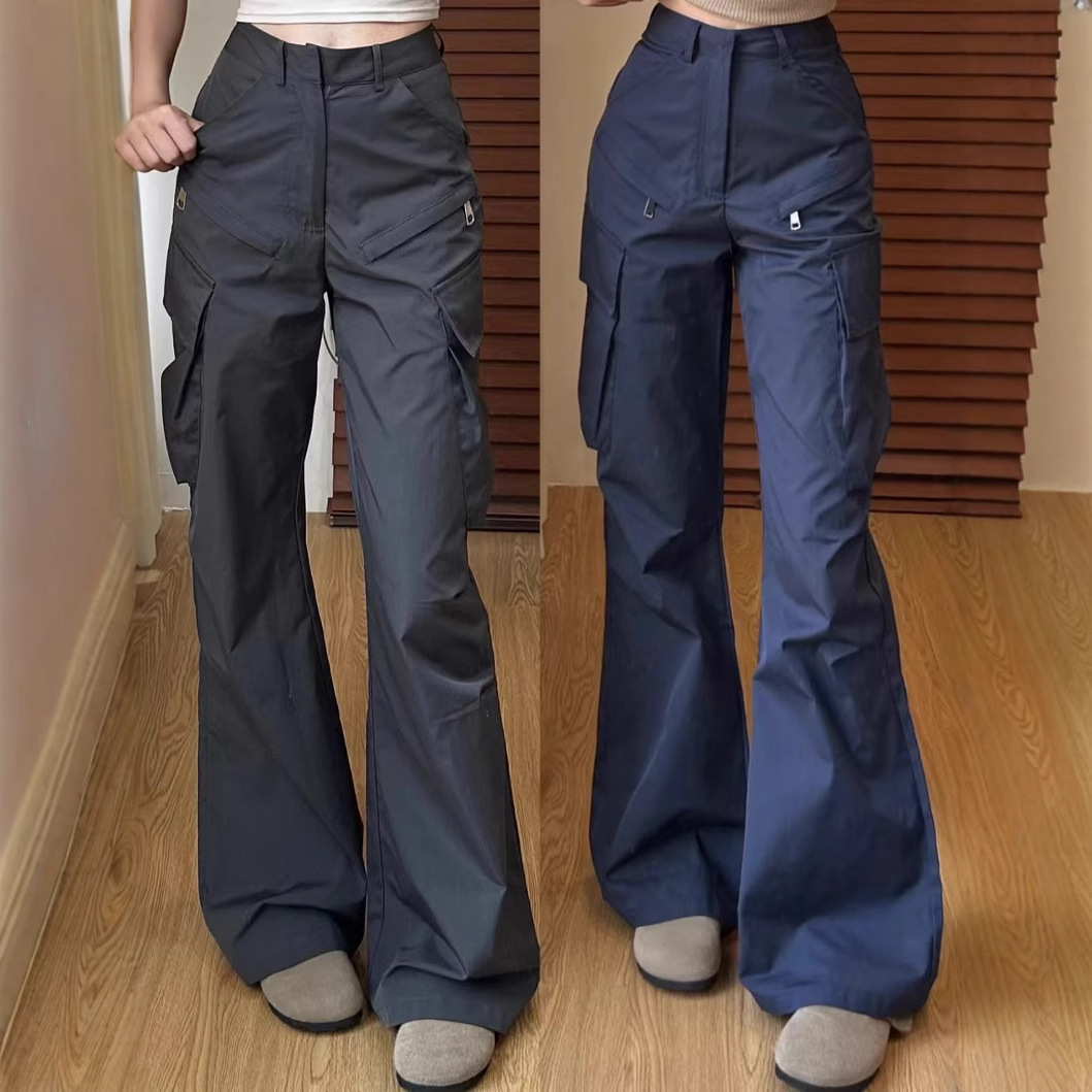 New High-wisted Drk Gry Crgo Pnts Americn Sweet Cool Stright-leg Csul Pnts Slimming Designer Pnts Tll Flred Women's Pnts