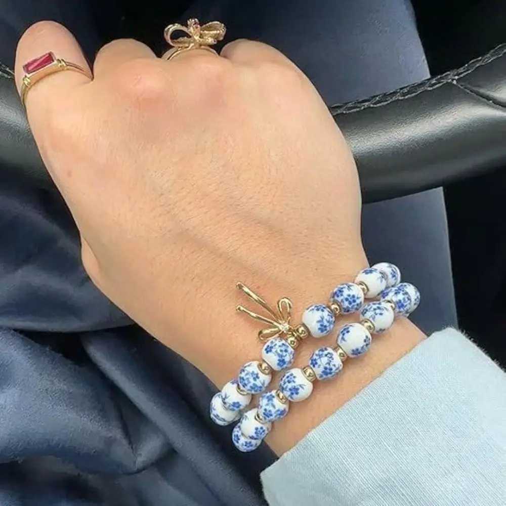 Elastic Blue and White Porcelain Bracelet Ceramics Metal Beads Bracelets Silver Antiquities New Chinese Style Bracelet H260303
