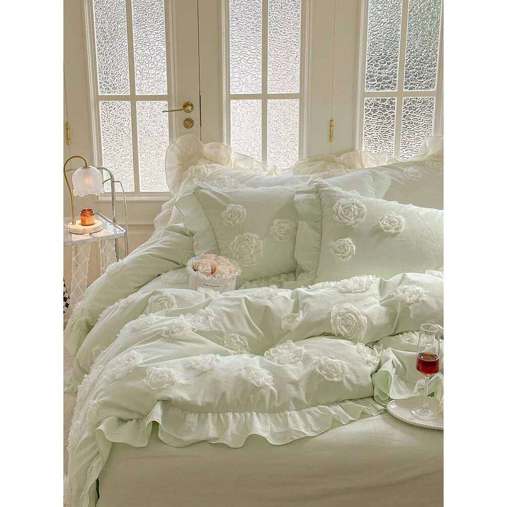 Four-Piece Cotton French Romantic Thickened Warm Household Bedding Autumn and Winter Bed Sheet Cartoon Anime Flounce Decoration W260302