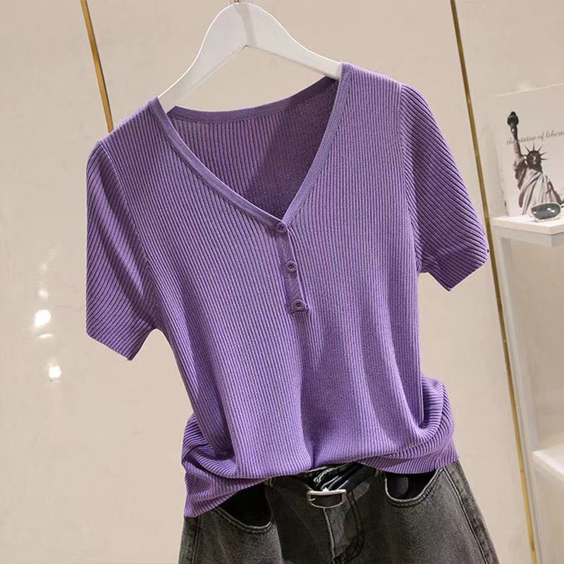 Ice Silk Short Sleeve T-shirt Women Knitwear Summer New Trend Designer Designer Shirt Hoodie Versatile Thin V-neck Slimming Polo Shirt Base Shirt Outerwear