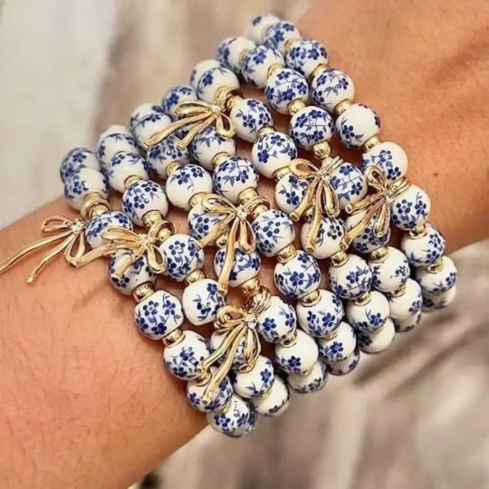 Elastic Blue and White Porcelain Bracelet Ceramics Metal Beads Bracelets Silver Antiquities New Chinese Style Bracelet H260303