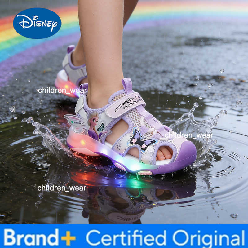 Disney Frozen Elsa Princess Girls LED Sandals Summer Childrens Sports Beach Pink Purple Girls Soft Shining Shoes Size 25-30 H260303