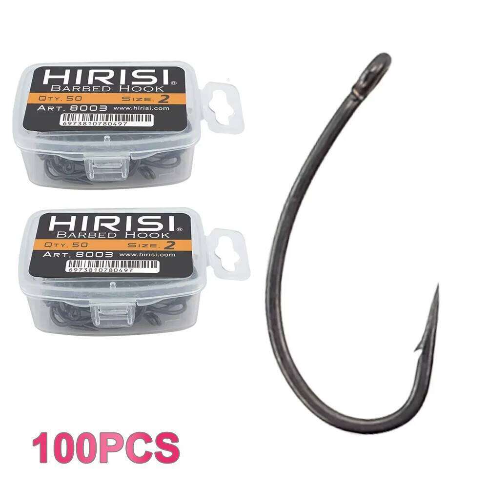 Hirisi 100pcs Carbon Steel Barbed Carp Hooks PTFE Coated With Original Box High Quality Fishing Accessories Novelties 8003 Z260228