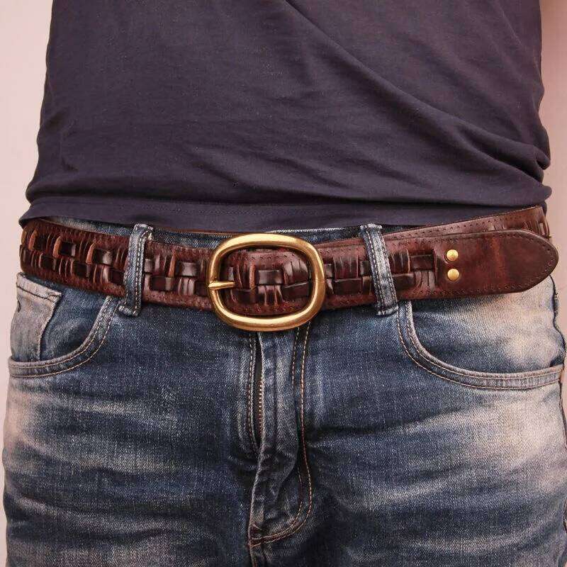 Vintage Luxury Handmade Leather Weave Copper Buckle Men's Cowhide Retro All-match Casual Jeans Soft Belt S260228 0d2 9db