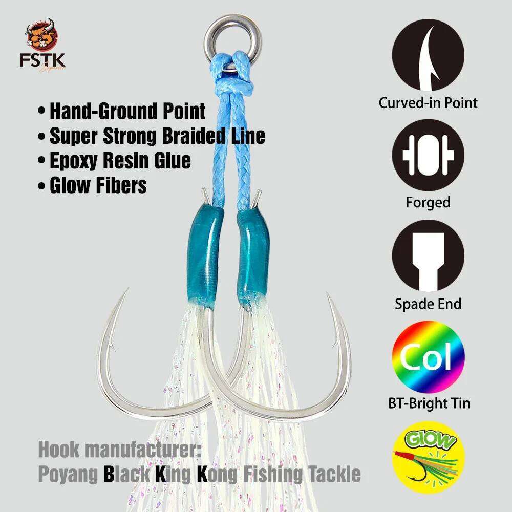 FSTK Metal Jig glow Feather Assist Hook12#13#14#High Carbon Steel epoxy glue Double hook Sea Fishing Hook Slow Jigging Z260228