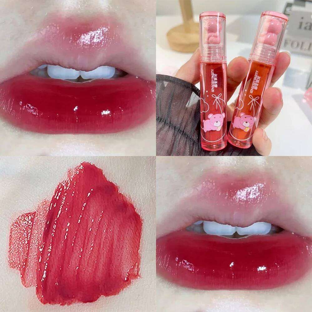 Crystal-frozen Lip Glaze Cute Bear Pink Jelly Lipgloss Glossy Mirror White Nude Liquid Lipstick Lips Korean Makeup H260302