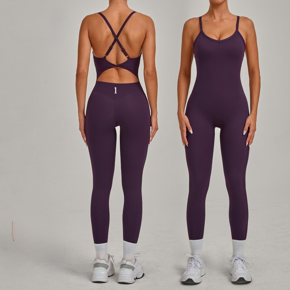Women's Plum Sleeveless Yoga Jumpsuit Cross Back Leeveless Workout Romper High Waist One-Piece Activewear 8376