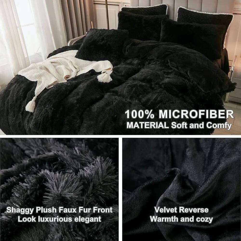 Luxury King Size Black Faux Fur Duvet Cover Set with 2 Pillowcases, Plush Velvet, Zippered Closure W260302