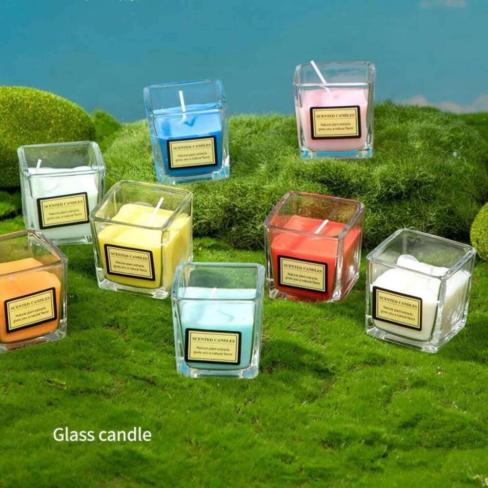 1pc Square Cup Colorful Smokeless Glass Candle Niche Aromatherapy Ins Style Romantic Home Office Party Decor W260303