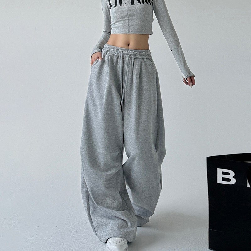 Americn Style Designer Pnts Gry Swetpnts For Women Spring Nd Autumn New High Wist Stright Loose Csul Swetpnts Crgo Wide Leg Pnts
