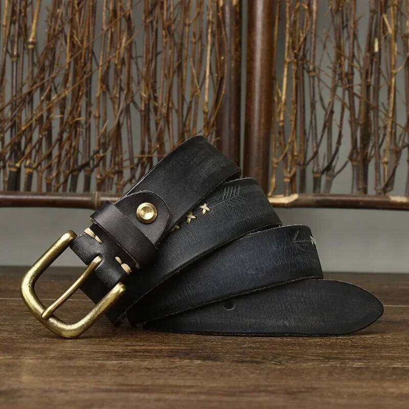 3.3 CM Pure Cowhide Genuine Leather for Men's High Quality Jeans Brass Buckle Belts Cowboy Waistband Male Fashion Designer S260228